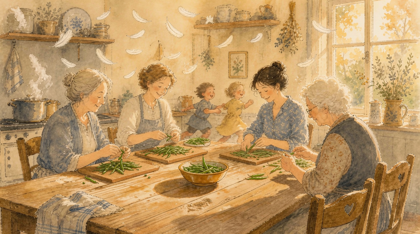 Cuisine ancienne ensoleillée évoquant les souvenirs d'enfance et la transmission de la mémoire familiale.