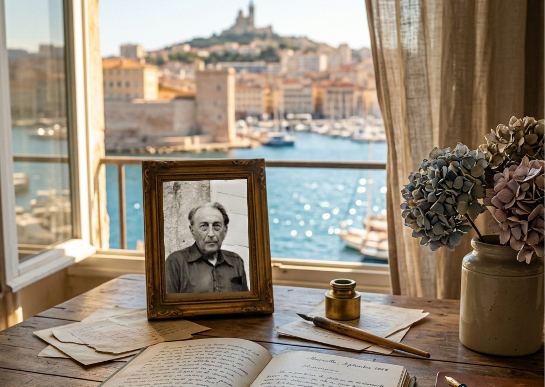 Portrait vintage de Gabriel Audisio sur un bureau d'écrivain face à la mer à Marseille, illustrant la transmission de la mémoire familiale.