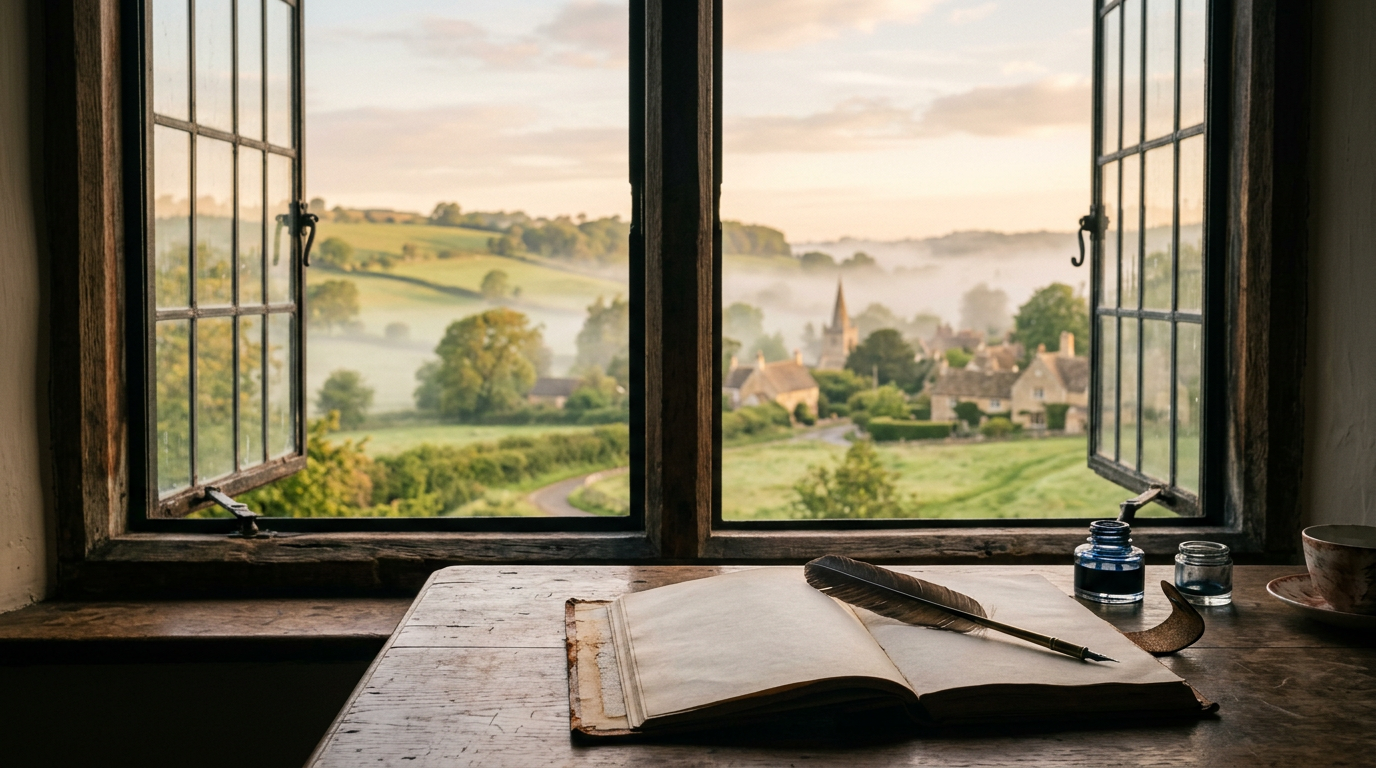 Carnet ouvert et plume sur un bureau en bois devant une fenêtre donnant sur la campagne anglaise brumeuse au petit matin